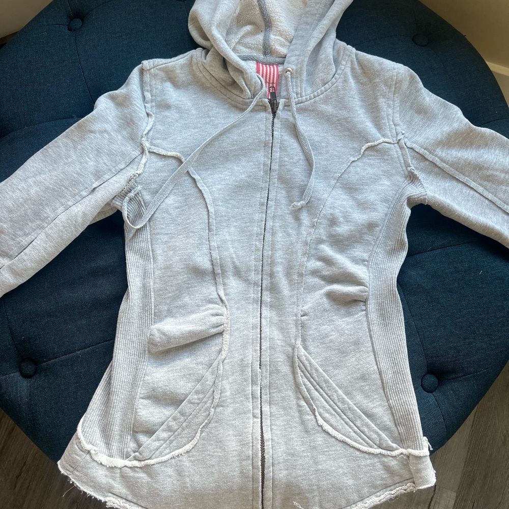 Free People Gray Hooded Zip-Up Jacket